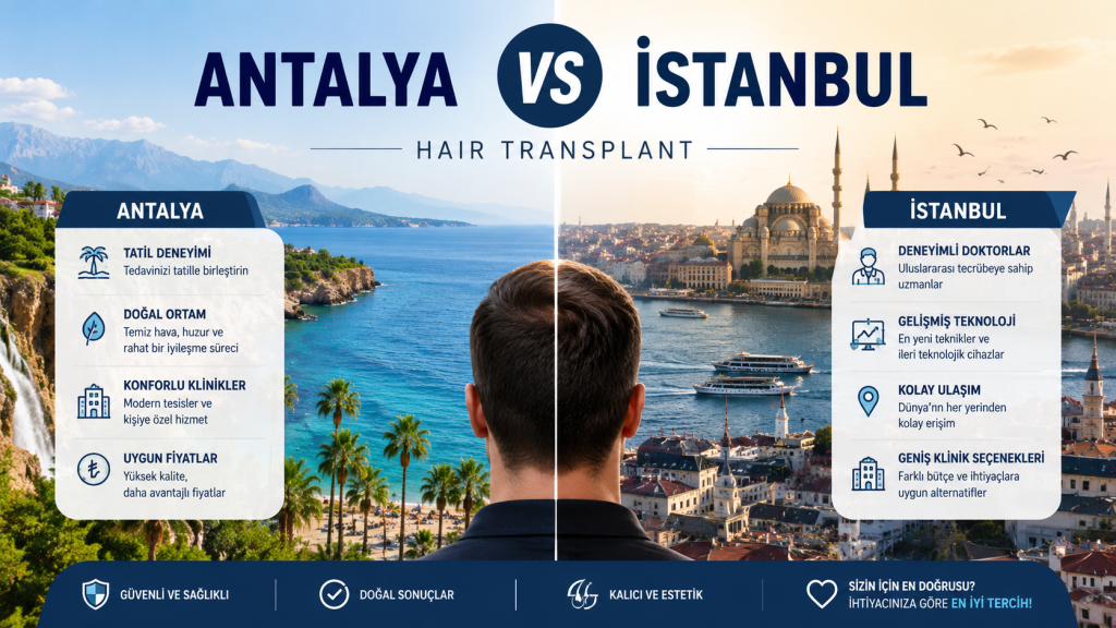 Antalya vs Istanbul Hair Transplant comparison visual showing Antalya’s coastal luxury recovery atmosphere versus Istanbul’s advanced urban hair transplant clinics in a modern 16:9 medical tourism design.