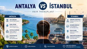 Antalya vs Istanbul Hair Transplant comparison visual showing Antalya’s coastal luxury recovery atmosphere versus Istanbul’s advanced urban hair transplant clinics in a modern 16:9 medical tourism design.