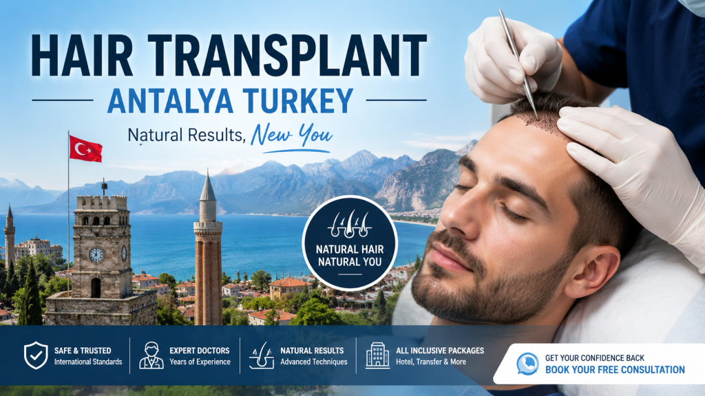 HAIR TRANSPLANT ANTALYA TURKEY modern clinic promotional banner showing FUE hair transplant procedure in Antalya with Mediterranean coastline, expert medical team, natural hairline restoration, and luxury medical tourism concept.
