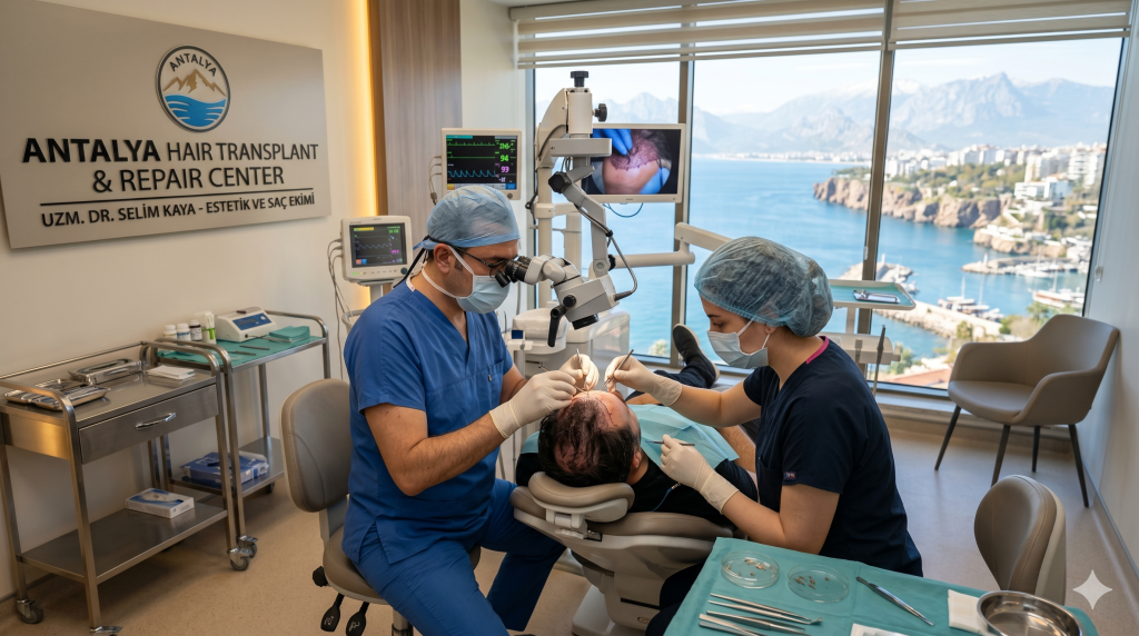 HAIR TRANSPLANT IN ANTALYA showing modern FUE and DHI hair transplant procedure in Antalya, Turkey with professional surgeons, natural hairline design, dense graft implantation, and luxury medical tourism clinic environment. International patient receiving advanced hair restoration treatment in Antalya with natural-looking results and modern medical technology