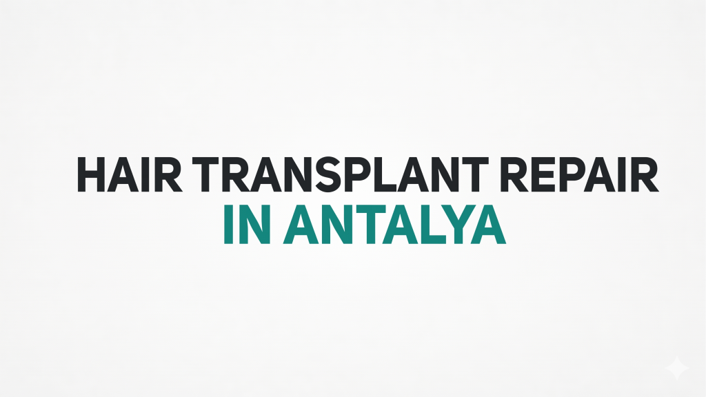 HAIR TRANSPLANT REPAIR IN ANTALYA showing advanced repair hair transplant procedure for correcting previous failed hair transplant results in Turkey. The image features natural hairline reconstruction, donor area correction, dense graft implantation, and professional hair transplant surgeons in a modern Antalya clinic environment. Medical tourism patient receiving FUE and DHI repair hair transplant treatment with realistic natural-looking results in Antalya, Turkey.