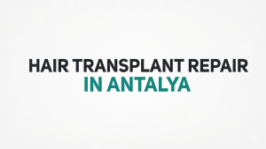 HAIR TRANSPLANT REPAIR IN ANTALYA showing advanced repair hair transplant procedure for correcting previous failed hair transplant results in Turkey. The image features natural hairline reconstruction, donor area correction, dense graft implantation, and professional hair transplant surgeons in a modern Antalya clinic environment. Medical tourism patient receiving FUE and DHI repair hair transplant treatment with realistic natural-looking results in Antalya, Turkey.