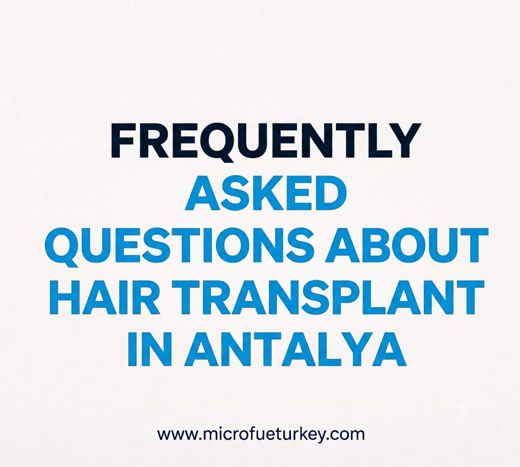 Frequently Asked Questions About Hair Transplant in Antalya infographic with Antalya coastline background, modern hair transplant information, Tesla Travel branding and detailed FUE, DHI and Sapphire FUE questions and answers. Frequently Asked Questions About Hair Transplant in Antalya