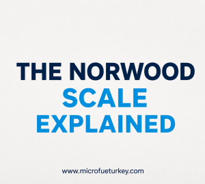 THE NORWOOD SCALE EXPLAINED illustration showing the different stages of male pattern baldness progression from Norwood 1 to Norwood 7 with hairline recession and crown hair loss examples.