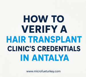 HOW TO VERIFY A HAIR TRANSPLANT CLINIC'S CREDENTIALS IN ANTALYA – Professional guide explaining how to verify a hair transplant clinic's licenses, surgeon qualifications, certifications, patient reviews, and medical standards before undergoing treatment in Antalya, Turkey.