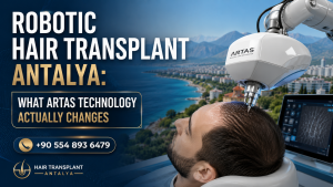 ROBOTIC HAIR TRANSPLANT ANTALYA: WHAT ARTAS TECHNOLOGY ACTUALLY CHANGES promotional image featuring an advanced ARTAS robotic hair transplant system performing precision FUE hair restoration in a modern Antalya clinic, highlighting innovative technology, minimally invasive treatment, natural-looking results, experienced surgeons, and the contact number +90 554 893 6479.