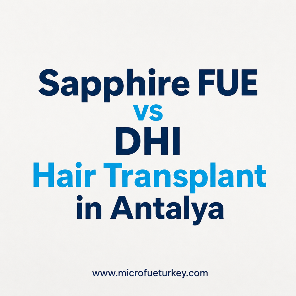 Sapphire FUE vs DHI Hair Transplant in Antalya comparison graphic featuring modern blue typography on a clean white background with Micro FUE Turkey website branding for advanced hair restoration treatments in Antalya Turkey.