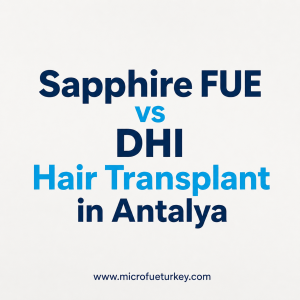 Sapphire FUE vs DHI Hair Transplant in Antalya comparison graphic featuring modern blue typography on a clean white background with Micro FUE Turkey website branding for advanced hair restoration treatments in Antalya Turkey.